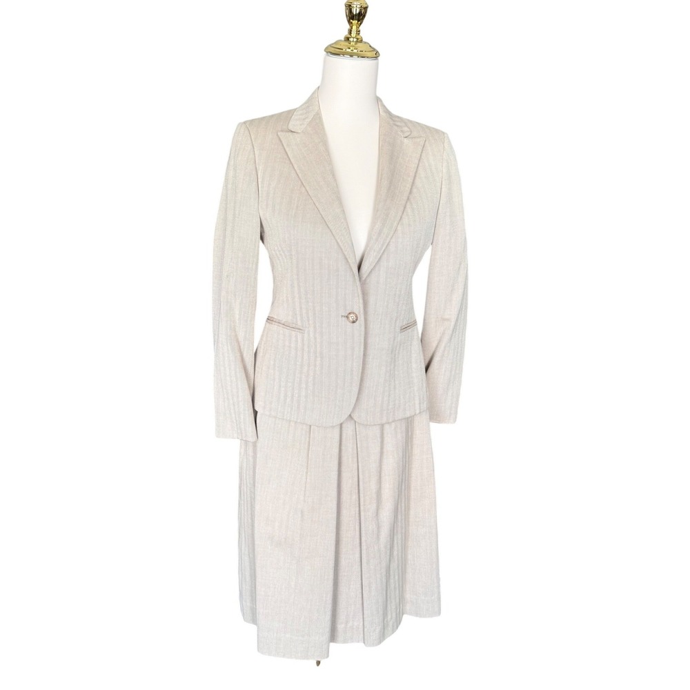 Cricketeer Wool Beige‎ Herringbone Skirt Blazer Suit Pleated Midi Skirt Size 6